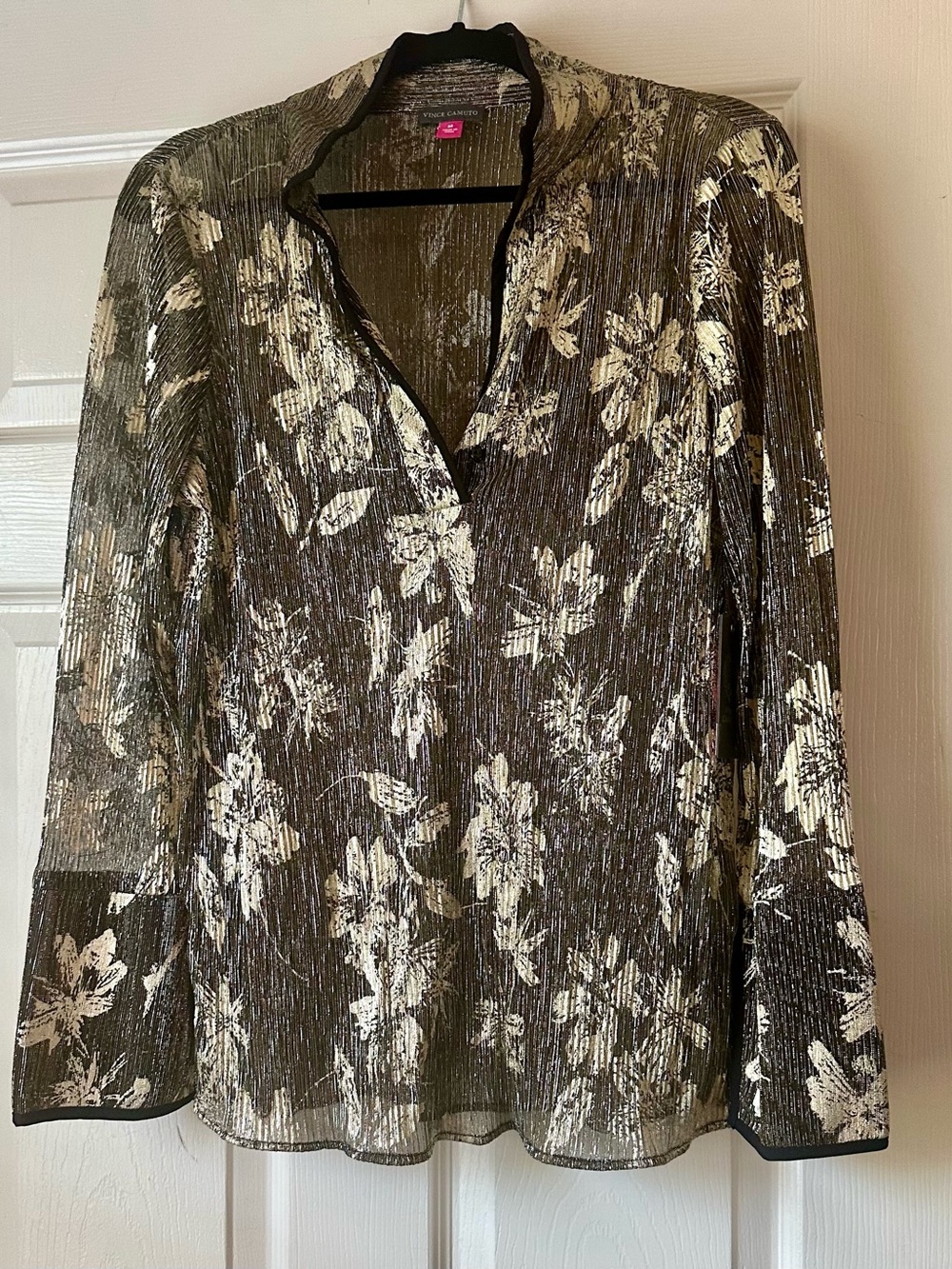 Vince Camuto Black Sheer Floral V-Neck Blouse with Metallic Gold Print